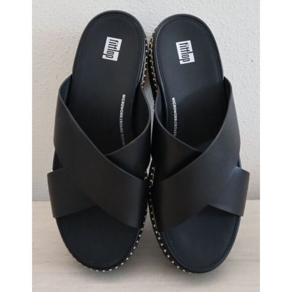 FitFlop Women's Sz 9 Black Eloise Espadrille Leather Wedge Cross Slides - Picture 4 of 15